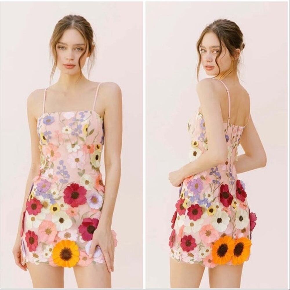 NEW STORIA Pink Blush Red White 3D Floral Mesh Embroidery $148 Mini Slip Dress L